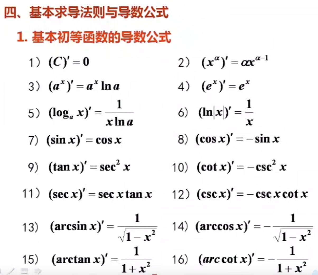 常见的基本初等函数的导数公式